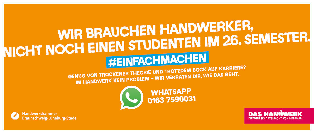Wir helfen bei allen Fragen rund um eine Ausbildung im Handwerk - schreib uns einfach eine WhatsApp. Wir helfen bei allen Fragen rund um eine Ausbildung im Handwerk - schreib uns einfach eine WhatsApp.