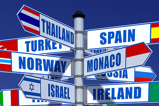 Wegweiser mit Ländernamen und Nationalflaggen vor blauem Himmel