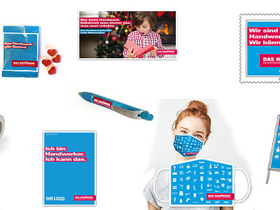 Verschiedene Werbemittel und Give-Aways im Look der Imagekampagne