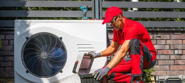 Symbolbild Handwerker installiert Wärmepumpe