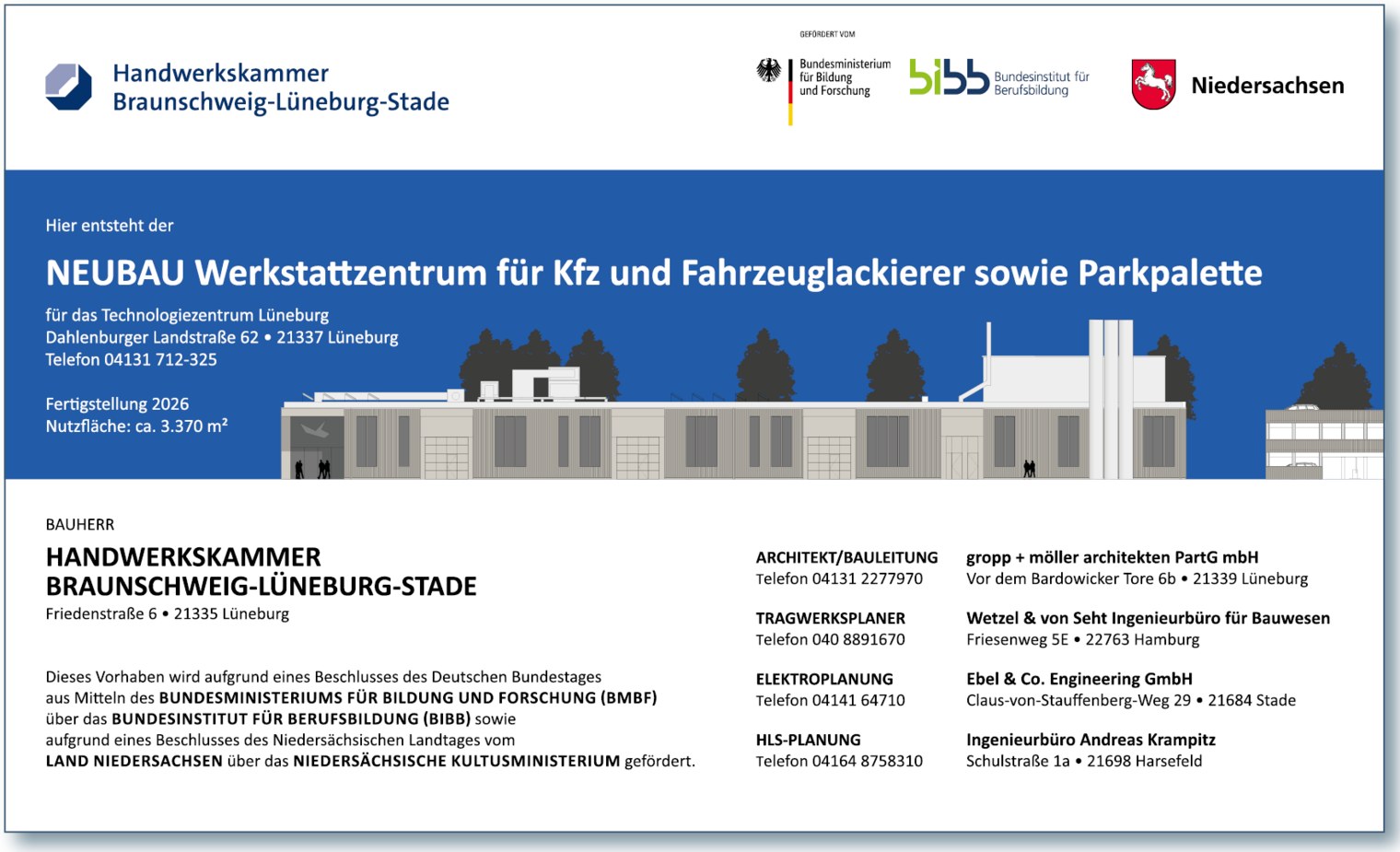 Bauchschild Neubau Werkstattzentrum für Kfz und Fahrzeuglackierer sowie Parkpalette