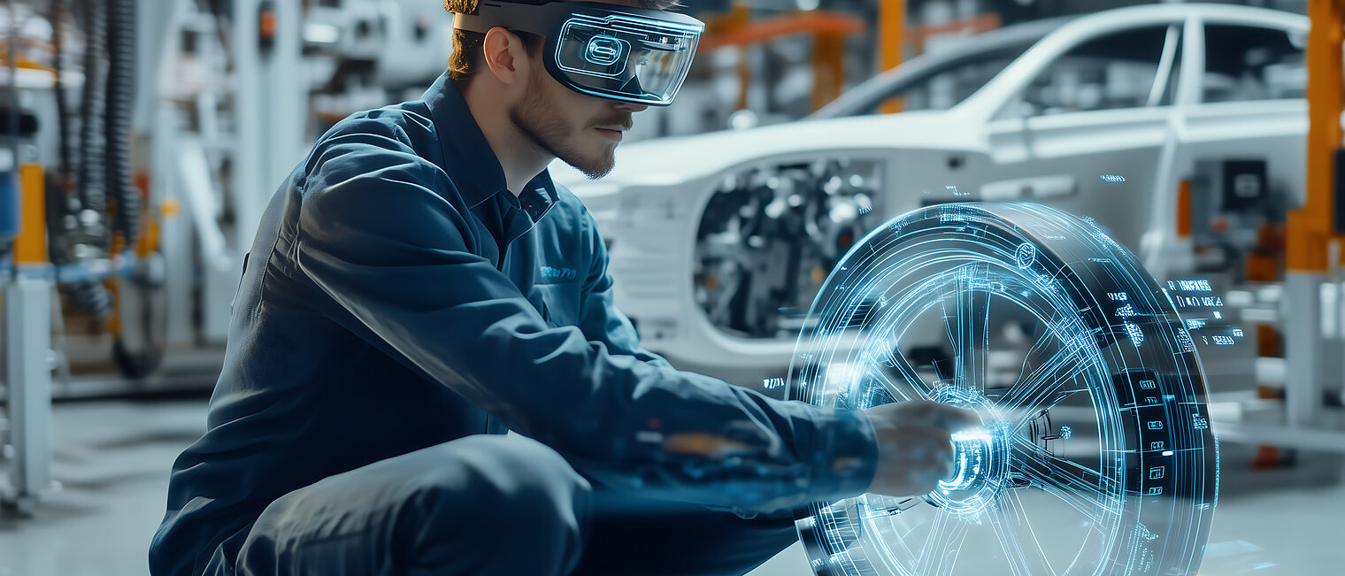 Mann mit KI-Anwendung in Autowerkstatt