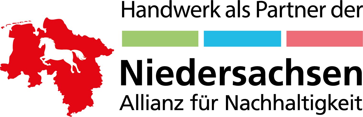 Handwerk als Partner der Niedersachsen Allianz für Nachhaltigkeit“ mit Niedersachsenkarte und Farbbalken.