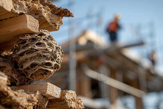 Wespennest im Stapel von Bauholz mit unscharfem Rohbau und Bauarbeitern im Hintergrund