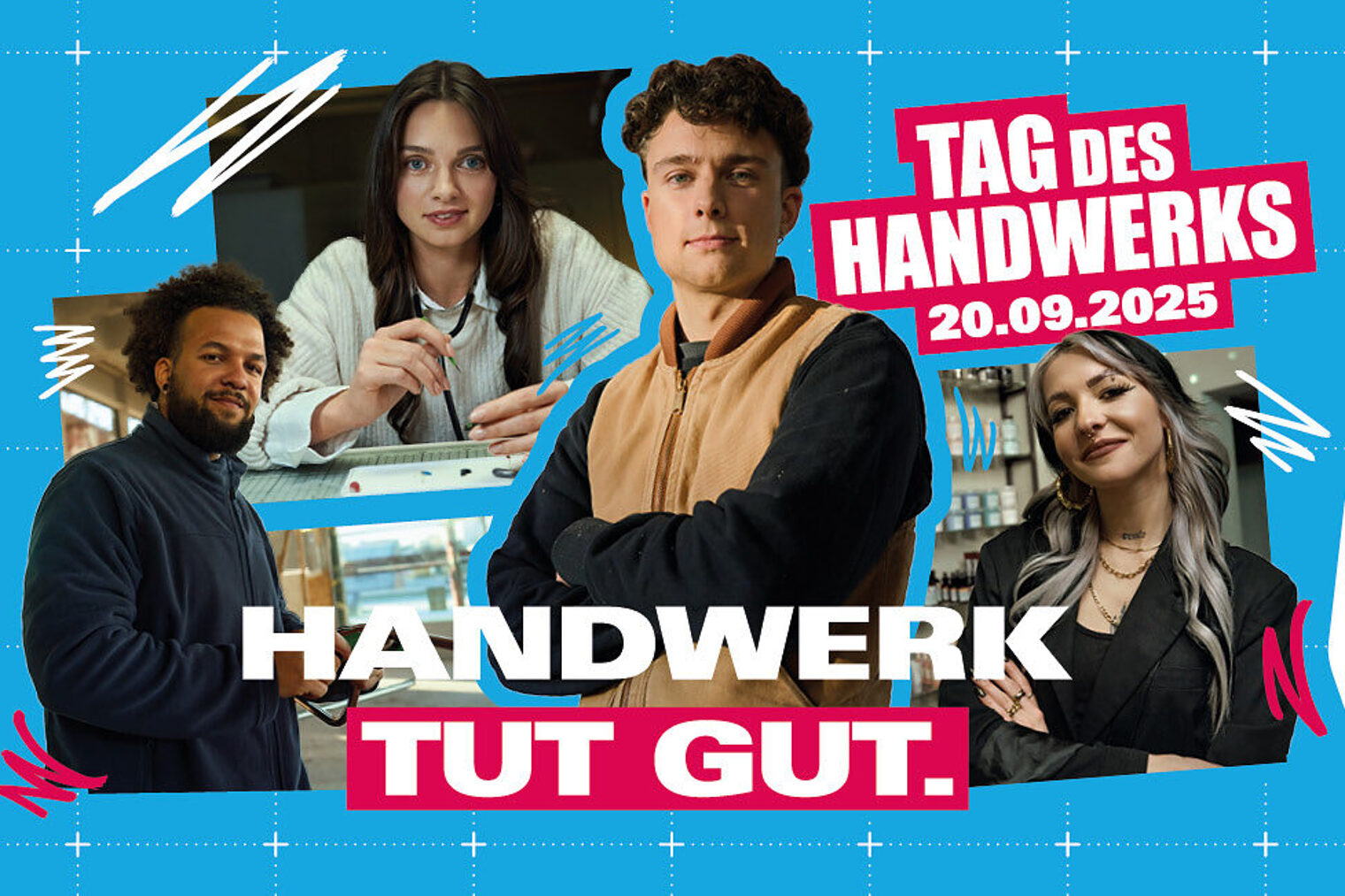 Banner zum Tag des Handwerks 2025 mit vier jungen Handwerker:innen und dem Slogan „Handwerk tut gut.“