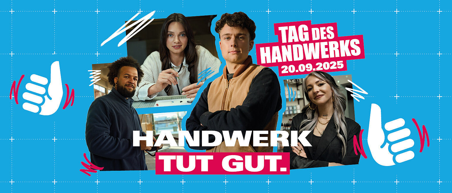 Tag des Handwerks am 20.09.2025 – Handwerk zeigt Gesicht und Stärke Banner zum Tag des Handwerks 2025 mit vier jungen Handwerker:innen und dem Slogan „Handwerk tut gut.“