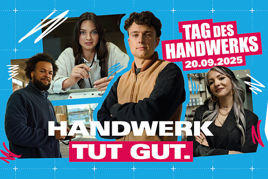 Banner zum Tag des Handwerks 2025 mit vier jungen Handwerker:innen und dem Slogan „Handwerk tut gut.“