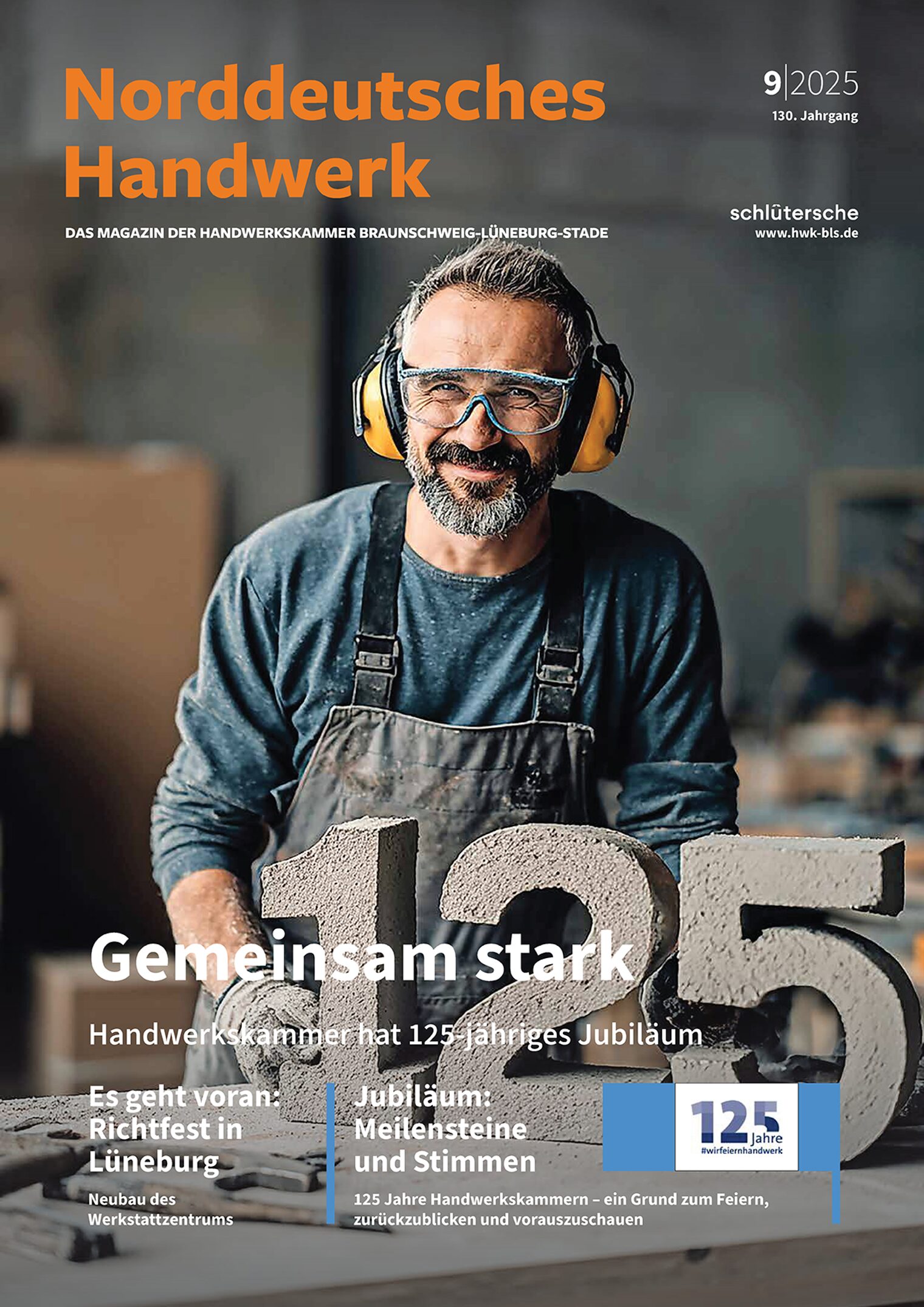 Titelbild des Magazins „Norddeutsches Handwerk“ 9/2025 mit Handwerker und Beton-Zahl 125 zum Jubiläum
