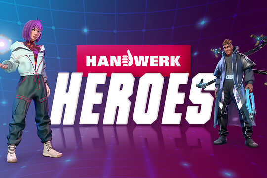 Headergrafik zur App „Handwerk Heroes“ mit zwei digitalen Charakteren aus der neuen App