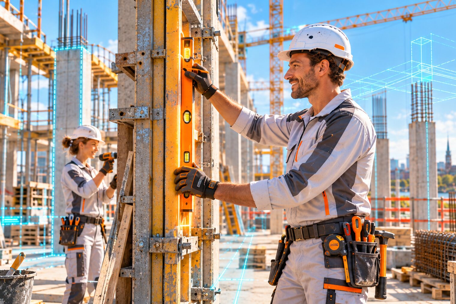 KI-generiertes Symbolbild KI-Werkstatt, bestehend aus Handwerkerin und Handwerker auf Baustelle