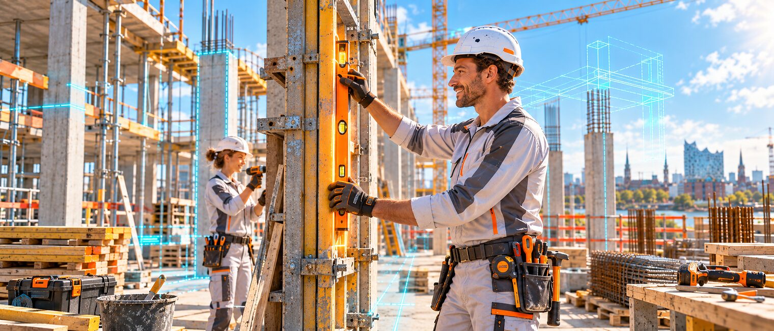 KI-generiertes Symbolbild KI-Werkstatt, bestehend aus Handwerkerin und Handwerker auf Baustelle