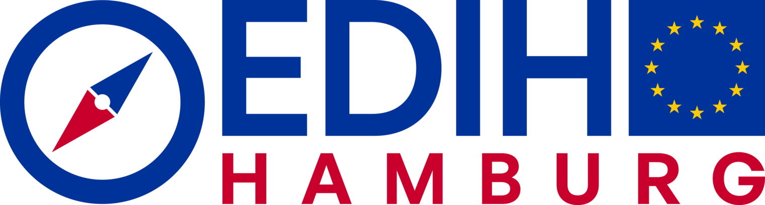 Logo der EDIH Hamburg inklusive europäischer Flagge und blauer und roter Schrift auf durchsichtigem Grund